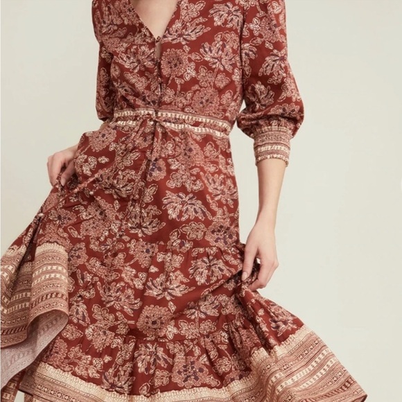 New Veronica Beard Swedie Red rust Floral Cotton Border Print Midi Dress paisley - Picture 3 of 15
